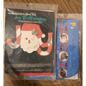 Vintage Lot of 2 Quilted Christmas Wall Hanging Kits Santa Joy & Ladder kitschy